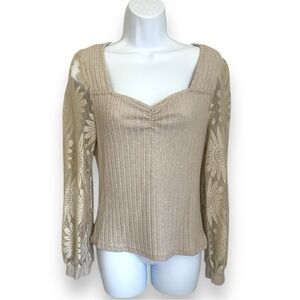Chic Ribbed Knit Lace Sleeve Top - Square Neck, Sunflower Detail, Beige Pullover